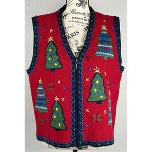 Talbots Women’s 100% Wool Red Festive Christmas Tree Sweater Vest, size Medium